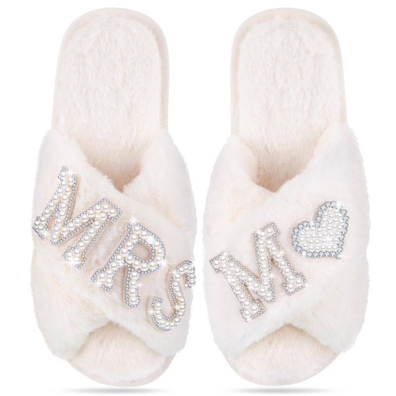 Tarpop Bride Slippers Mrs Slipper for Wedding with Personalized Initial Pearl Design Bridal Gifts(7-8,Ｍ) - Image 2