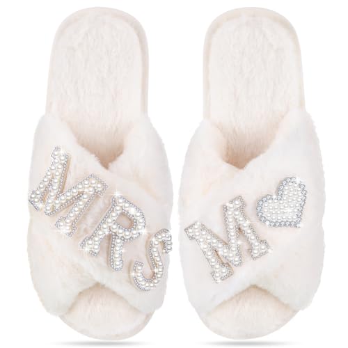 Tarpop Bride Slippers Mrs Slipper for Wedding with Personalized Initial Pearl Design Bridal Gifts(7-8,Ｍ) - Image 1