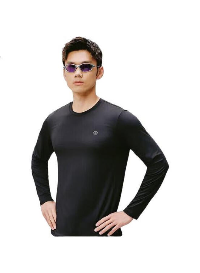 Jingzao Men'S Sports T-Shirt, Round Neck Long Sleeve, Sun Protection Quick-Dry Undershirt, For Running, Fitness, Outdoor Activities, Black, Size S