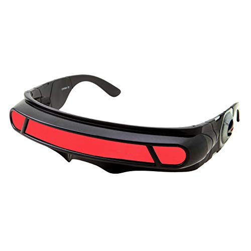 grinderPUNCH Futuristic Space Alien Costume Sunglasses Cyclops Shield Party Mirror Mono Lens (Black - Red Lens) - Image 1