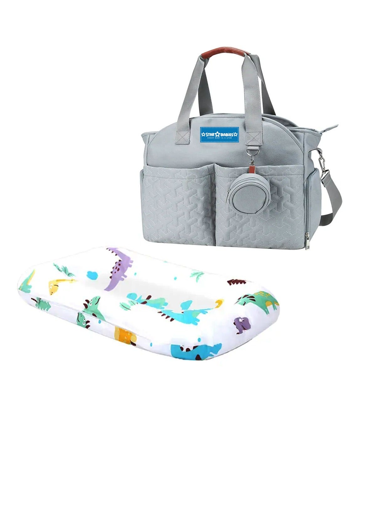 Star Babies Combo Pack - Diaper Portable bag with Pacifier bag large capacity with Changing pad - Blue/Printed Animal