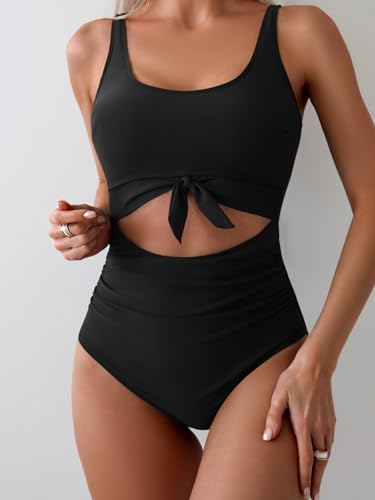 Eomenie Women's One Piece Swimsuit Tummy Control Slimming Bathing Suit Cutout Tie Knot Swimwear Black - Image 2