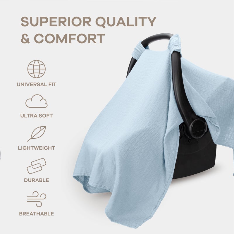 Comfy Cubs Baby Car Seat Cover - Soft, Breathable Bamboo Rayon and Muslin Cotton Blend - Lightweight Canopy for Sun, Bug, and Comfort Protection - Large Size Infant Seat Cover in Sky Blue Design - Image 3