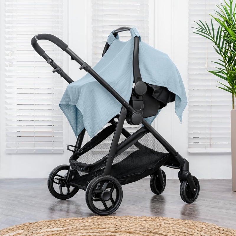Comfy Cubs Baby Car Seat Cover - Soft, Breathable Bamboo Rayon and Muslin Cotton Blend - Lightweight Canopy for Sun, Bug, and Comfort Protection - Large Size Infant Seat Cover in Sky Blue Design - Image 2