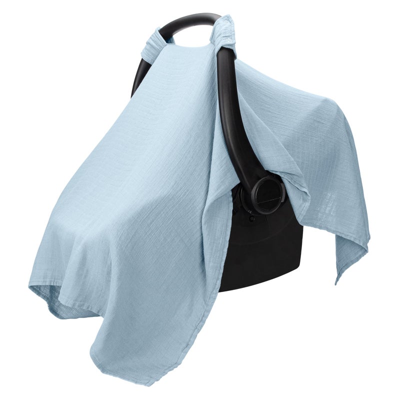 Comfy Cubs Baby Car Seat Cover - Soft, Breathable Bamboo Rayon and Muslin Cotton Blend - Lightweight Canopy for Sun, Bug, and Comfort Protection - Large Size Infant Seat Cover in Sky Blue Design - Image 1