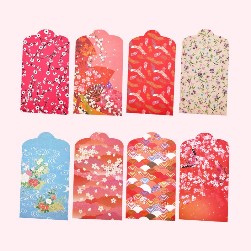 Red Envelopes: 10 Pack 200G White Cardboard - Japanese-Style Sakura & Fan Designs, Fade-Resistant Printing for Chinese New Year, Weddings, Festive Gifting - Image 2