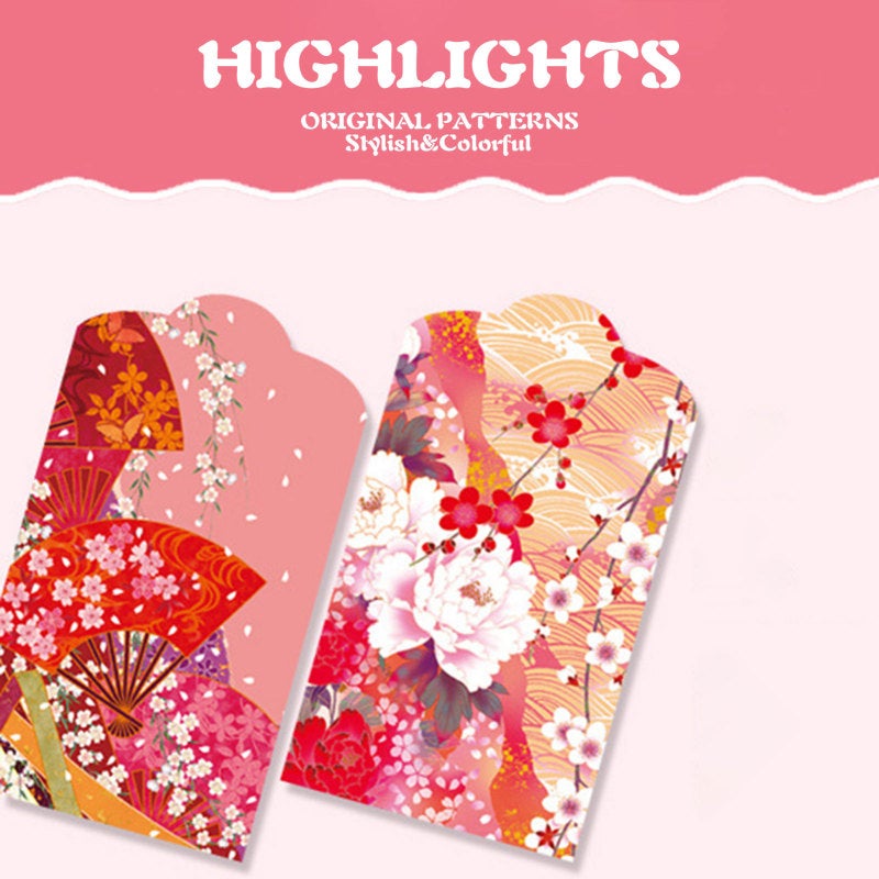 Red Envelopes: 10 Pack 200G White Cardboard - Japanese-Style Sakura & Fan Designs, Fade-Resistant Printing for Chinese New Year, Weddings, Festive Gifting - Image 3