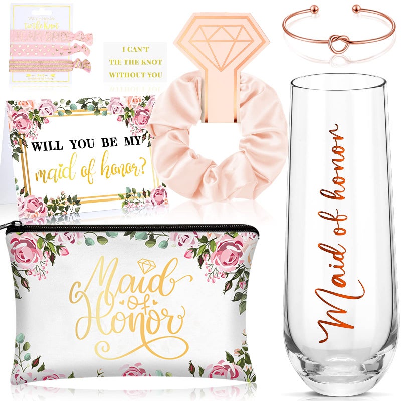 Geyee 9 Pcs Bridesmaid Proposal Gifts Sets Will You Be My Bridesmaid Gift Maid of Honor Box Include Champagne Glass Makeup Bag Bracelet for Engagement Wedding Bachelorette Party SupplyCute