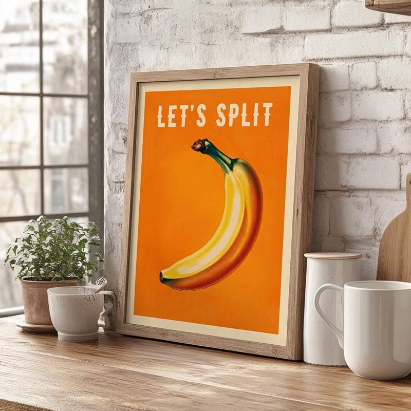 TNESSENTIAL Let's Split Banana Wall Art Poster or Canvas Print, Funny Retro Typography Poster, Preppy Girly Print Kitchen Decor, Sassy Room Wall Art - Image 1