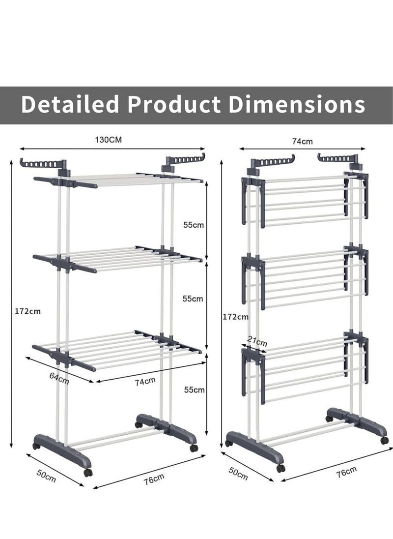 Yoawllty Clothes Drying Rack, 3 Layers Folding Clothes Rail of Clothes Hanger Sturdy Laundry Garment Dryer Stand with Two Side Wings  - Image 2