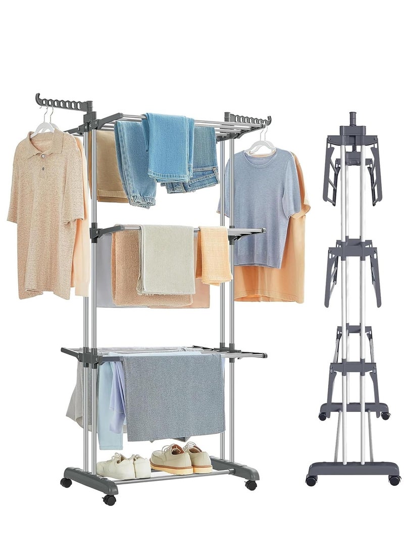 Yoawllty Clothes Drying Rack, 3 Layers Folding Clothes Rail of Clothes Hanger Sturdy Laundry Garment Dryer Stand with Two Side Wings  - Image 1