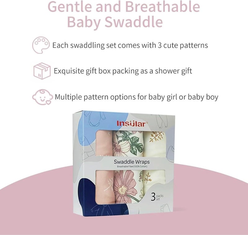 insular Baby Swaddle Wrap Swaddle Blanket for Newborn and Infant Adjustable Velcro Swaddling Set for Boy and Girl Soft Cotton Baby Sleep Sack 3 Pack Floral Small03 Month - Image 3