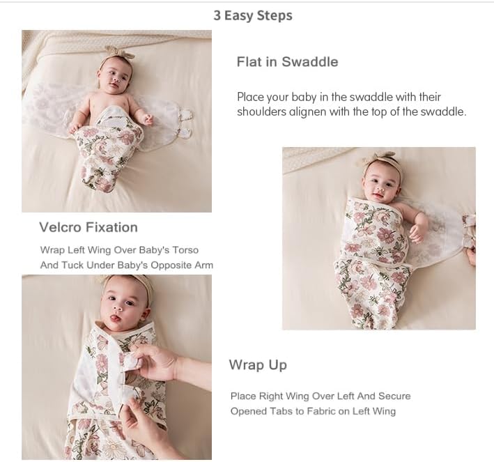 insular Baby Swaddle Wrap Swaddle Blanket for Newborn and Infant Adjustable Velcro Swaddling Set for Boy and Girl Soft Cotton Baby Sleep Sack 3 Pack Floral Small03 Month - Image 4