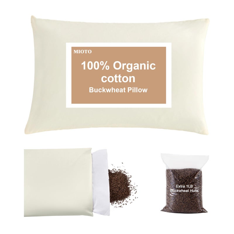MIOTO Organic Buckwheat Pillow for Sleeping with Dual-Layer Pillowcase and Extra Tartary Buckwheat Hulls, Adjust Height and Firmness, Neck Support Pillow for Back and Side Sleepers 14"x20" - Image 1