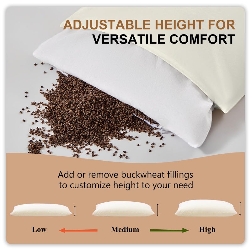 MIOTO Organic Buckwheat Pillow for Sleeping with Dual-Layer Pillowcase and Extra Tartary Buckwheat Hulls, Adjust Height and Firmness, Neck Support Pillow for Back and Side Sleepers 14"x20" - Image 4