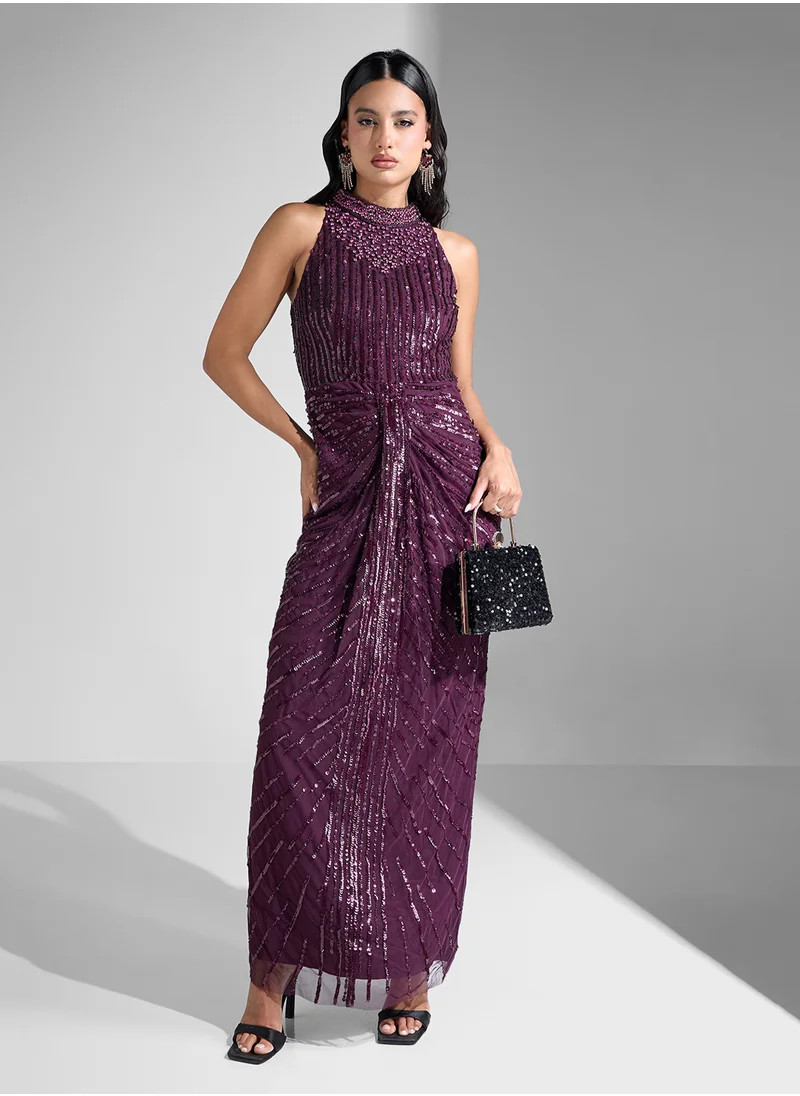 Adrianna Papell Embellished Halter Neck Maxi Dress