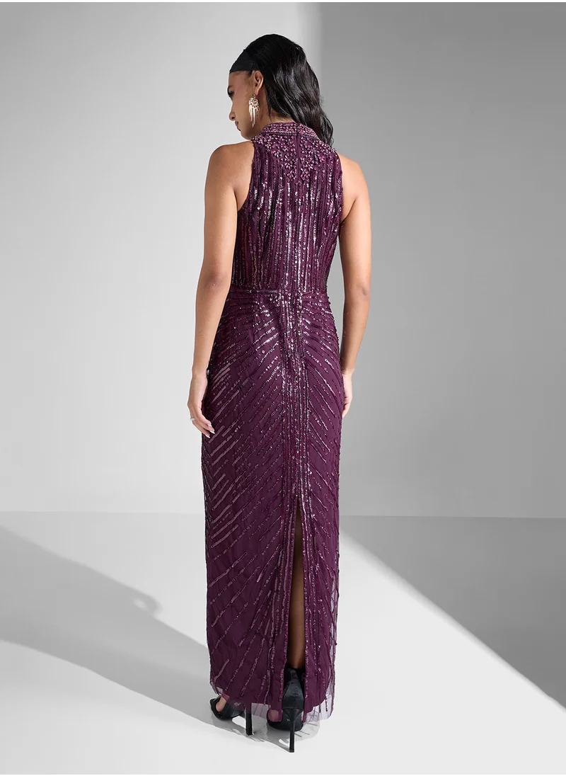 Adrianna Papell Embellished Halter Neck Maxi Dress