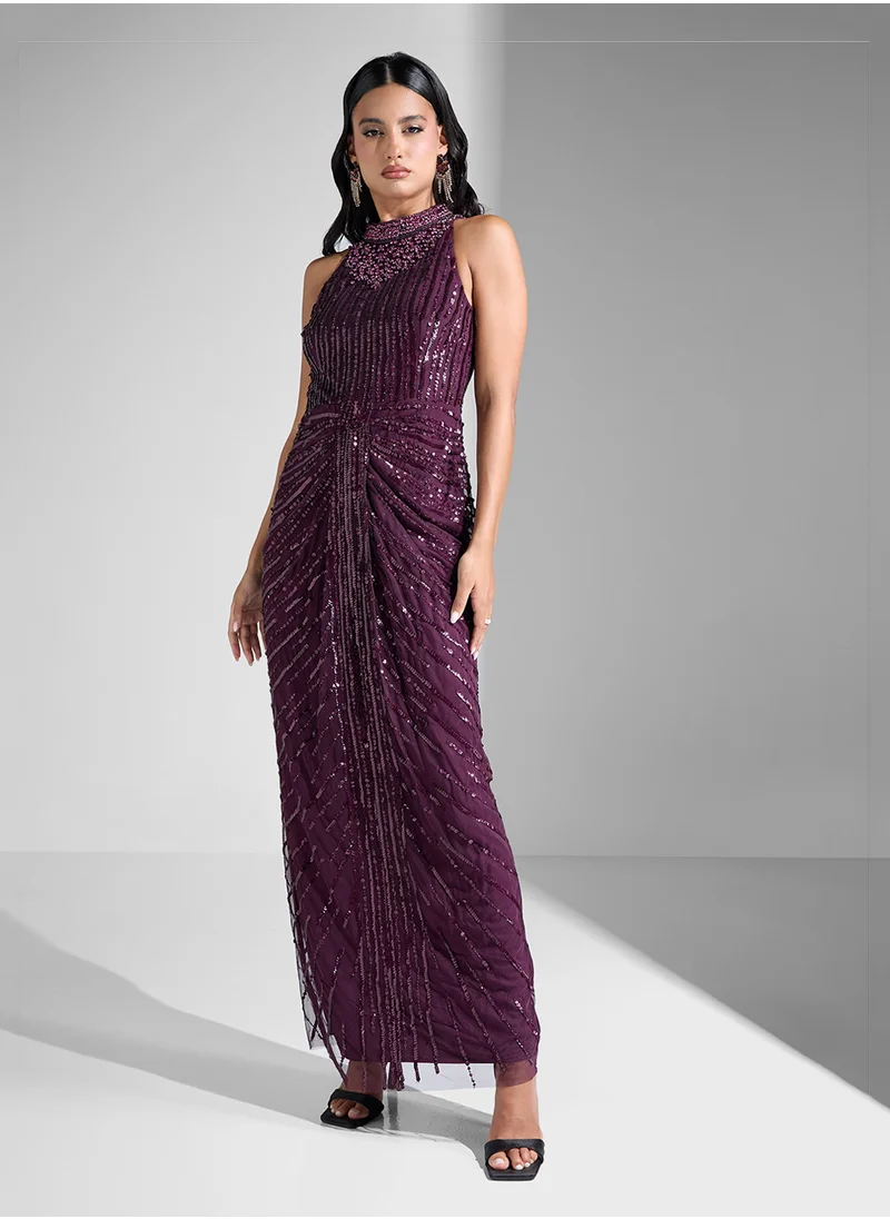 Adrianna Papell Embellished Halter Neck Maxi Dress