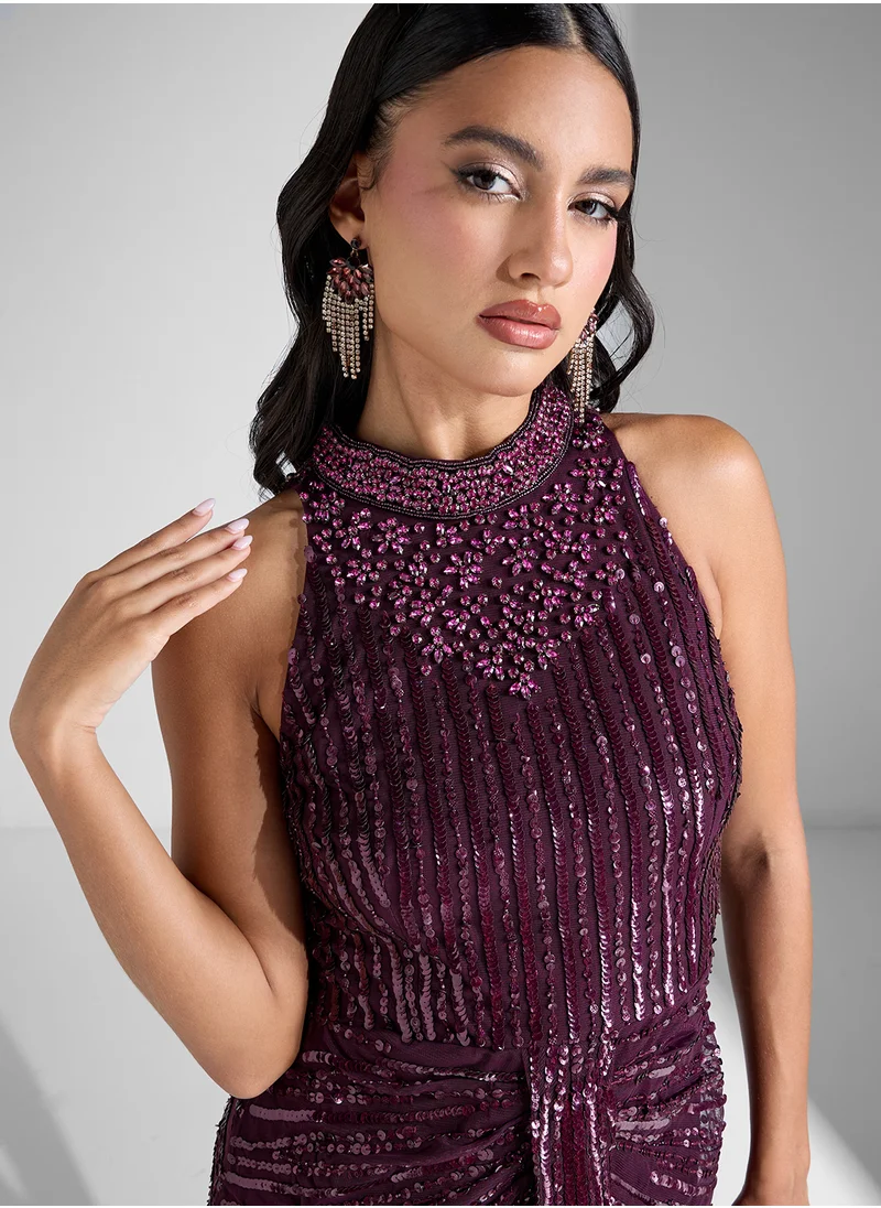 Adrianna Papell Embellished Halter Neck Maxi Dress