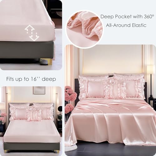 MOVE OVER 8 Pieces Light Pink Comforter Set Queen Size Silk Like Satin Bed in a Bag Boho Chic Farmhouse Style Girls Pink Ruffled Comforter Sets for Bedroom Decor Luxury and Soft Silky Comforter Set - Image 4