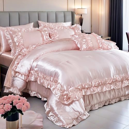 MOVE OVER 8 Pieces Light Pink Comforter Set Queen Size Silk Like Satin Bed in a Bag Boho Chic Farmhouse Style Girls Pink Ruffled Comforter Sets for Bedroom Decor Luxury and Soft Silky Comforter Set - Image 2