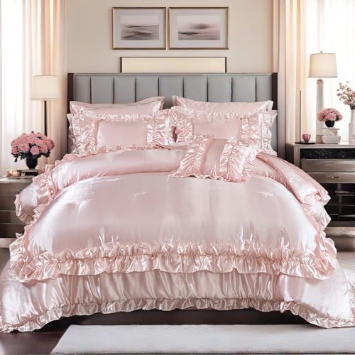 MOVE OVER 8 Pieces Light Pink Comforter Set Queen Size Silk Like Satin Bed in a Bag Boho Chic Farmhouse Style Girls Pink Ruffled Comforter Sets for Bedroom Decor Luxury and Soft Silky Comforter Set - Image 1