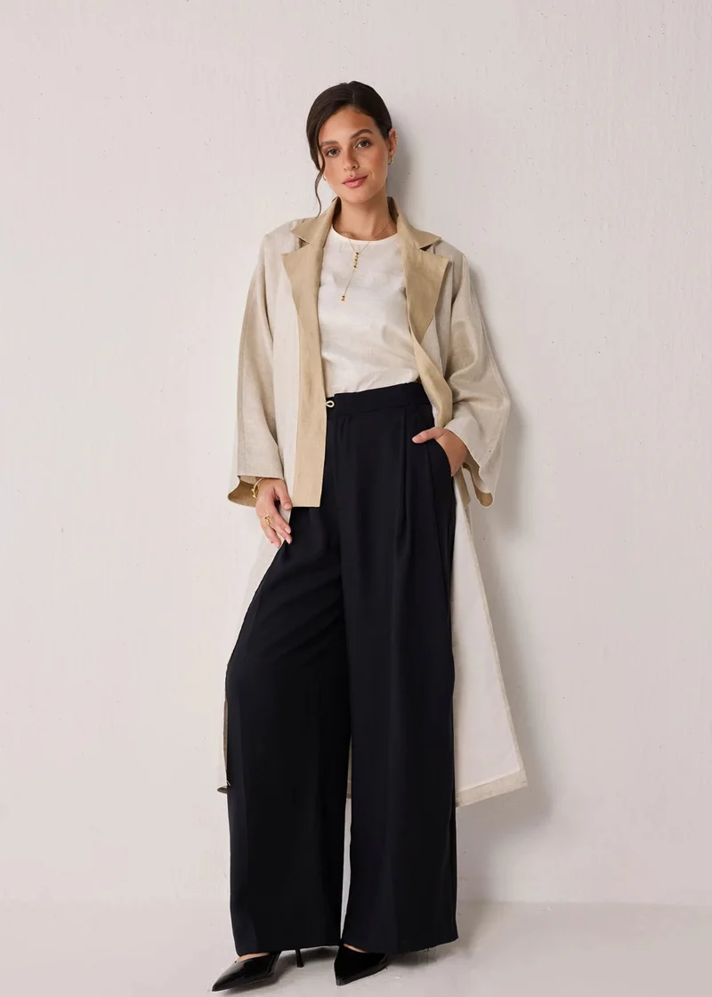 نور Oversized Long Hemp Jacket With Side Slits In Beige