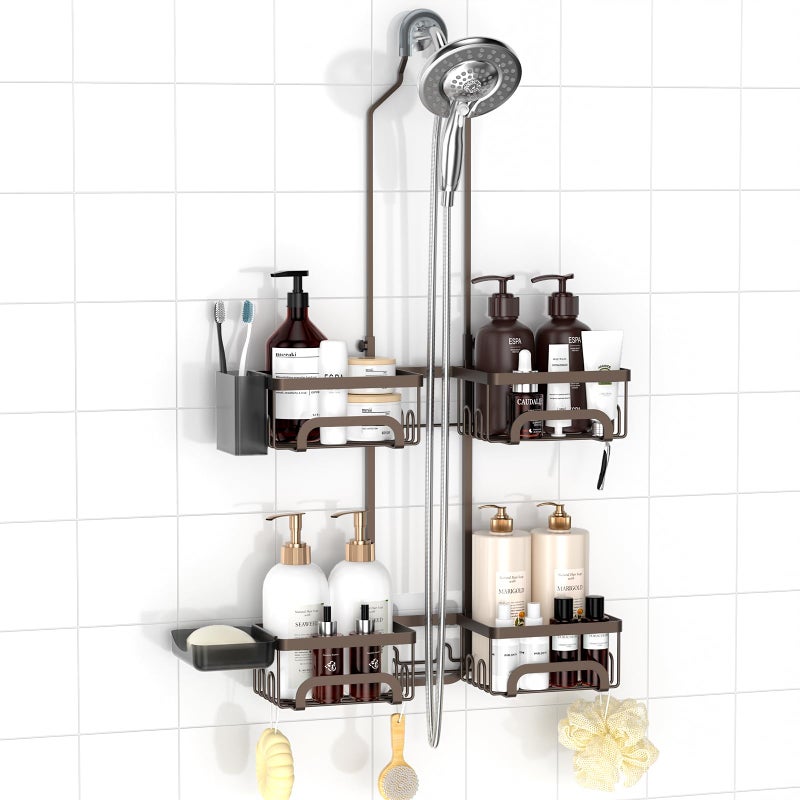 REINHARDT Shower Caddy Hanging for Handheld Showerheads Adjustable Split Shower Caddy, Rustproof Shower Organizer with Hooks for Razor Over the Head Caddy with Soap Holder Bathroom Accessories, Bronze - Image 1