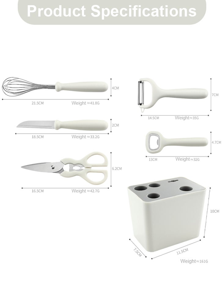 6-Piece Kitchen Peeler Set with Bottle Opener, Stirrer, Fruit Knife, Scissors and Decorative Storage Base with Food Grade 304 Stainless Steel and Anti-Slip Handle Base