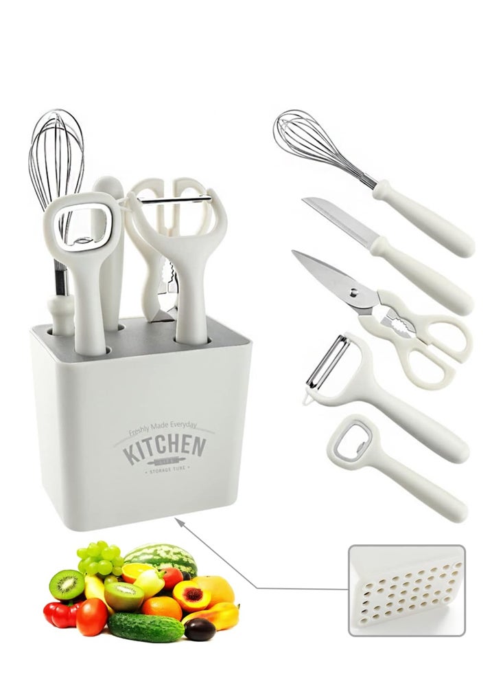 Perfii 6-Piece Kitchen Peeler Set with Bottle Opener, Stirrer, Fruit Knife, Scissors and Decorative Storage Base with Food Grade 304 Stainless Steel and Anti-Slip Handle Base  - Image 1