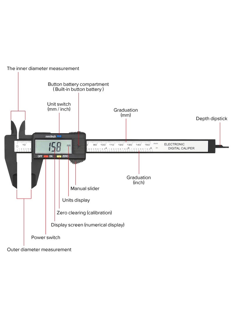 Fasola Electronic Digital Caliper, Plastic Vernier Caliper, Caliper Measuring Tool with Inch/Millimeter Conversion, Extra Large Lcd Screen, 0-6 Inch/0-150 mm, Auto off Featured Micrometer Ruler - Image 2