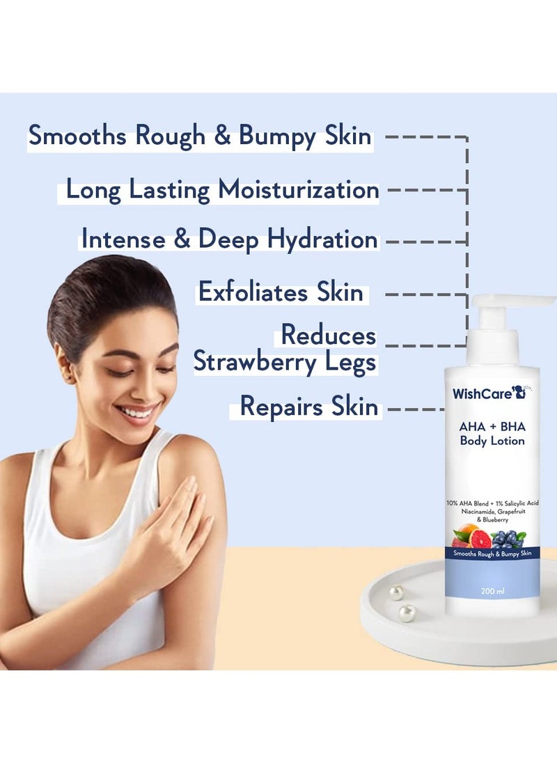 WishCare 10% AHA 1% BHA Body Lotion Smooths Rough Bumpy Skin Glycolic Lactic Acid Body Lotion with Niacinamide 200 Ml