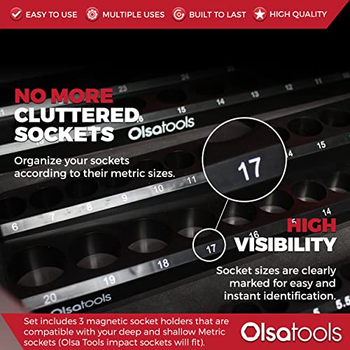 Olsa Tools Magnetic Socket Organizer 3Piece Drive Metric Socket Holder Set with Strong Magnets Professional Tool Holder and Organizer Stores up to 75 Sockets Black Part 1151 - Image 3