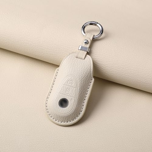 Jayanes Genuine Leather Key Fob Cover Compatible with Mercedes Benz C300 E S GLC CLE SL EQS EQE, Key Case with Keychain & Lanyard for Mercedes Benz Key Fob (3 Buttons, White) - Image 3