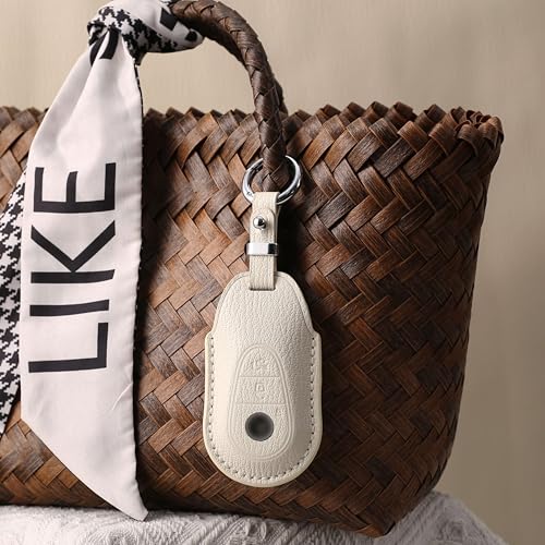 Jayanes Genuine Leather Key Fob Cover Compatible with Mercedes Benz C300 E S GLC CLE SL EQS EQE, Key Case with Keychain & Lanyard for Mercedes Benz Key Fob (3 Buttons, White) - Image 5