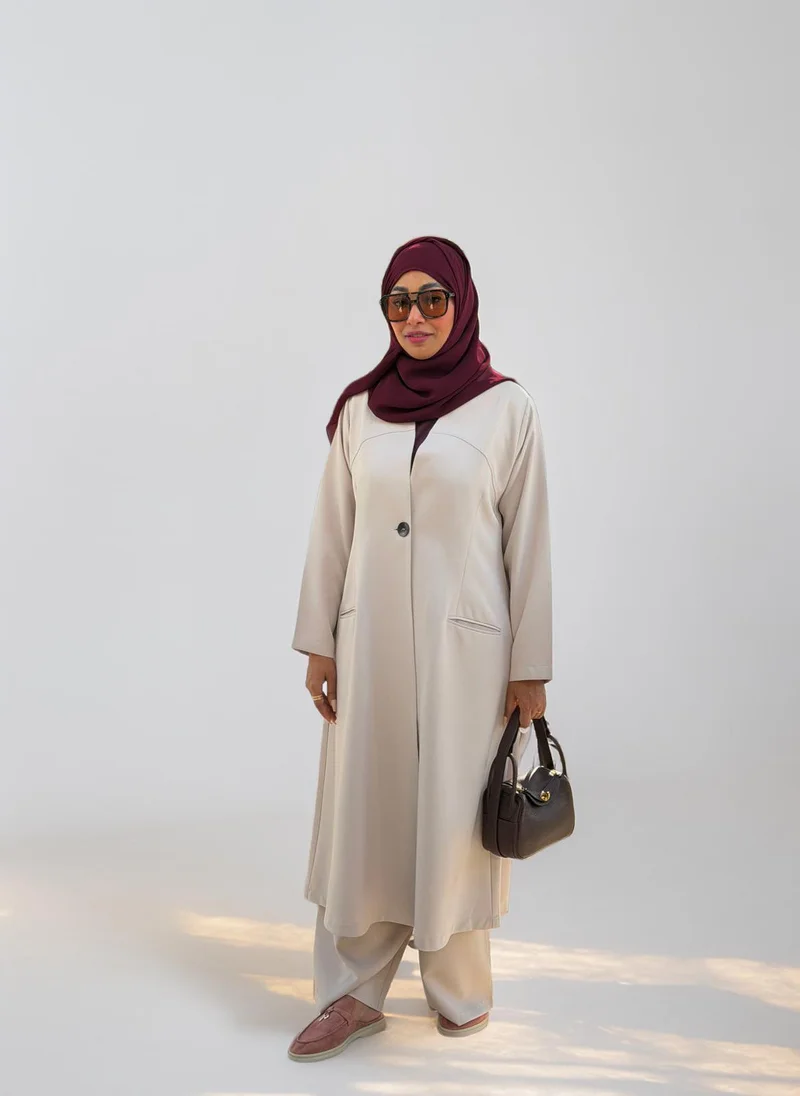 Bond Beige Modest Co-Ord Set with Long Jacket & Wide-Leg Pants