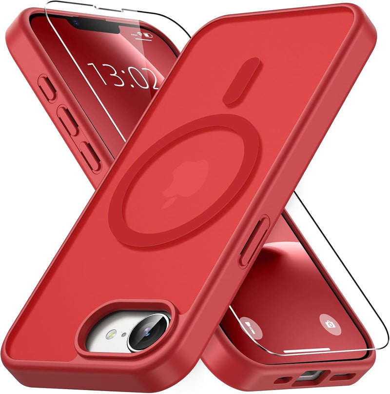 حافظة مغناطيسية لـ iPhone 16e مع زجاج واقي واحد، متوافقة مع Magsafe، حماية من السقوط وفق المعايير العسكرية، ظهر غير لامع شفاف، حافظة هاتف مقاومة للصدمات، أحمر - Image 1