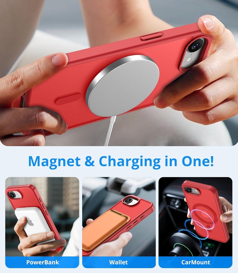 حافظة مغناطيسية لـ iPhone 16e مع زجاج واقي واحد، متوافقة مع Magsafe، حماية من السقوط وفق المعايير العسكرية، ظهر غير لامع شفاف، حافظة هاتف مقاومة للصدمات، أحمر - Image 3