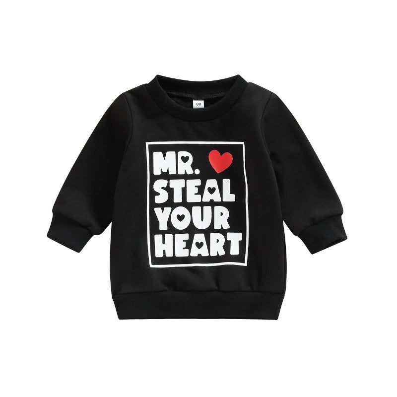 Yingisfitm Baby Girl Boy Valentines Day Outfit Toddler Crewneck Sweatshirt Long Sleeve Shirt Pullover Top Spring Clothes (Mr Steal Your Heart Black 2-3T) - Image 1