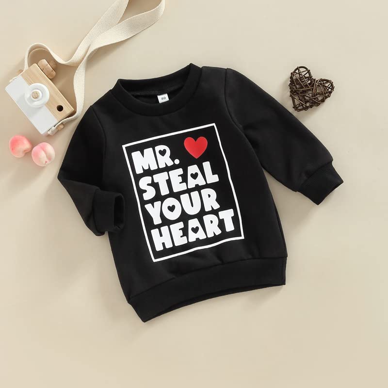 Yingisfitm Baby Girl Boy Valentines Day Outfit Toddler Crewneck Sweatshirt Long Sleeve Shirt Pullover Top Spring Clothes (Mr Steal Your Heart Black 2-3T) - Image 2
