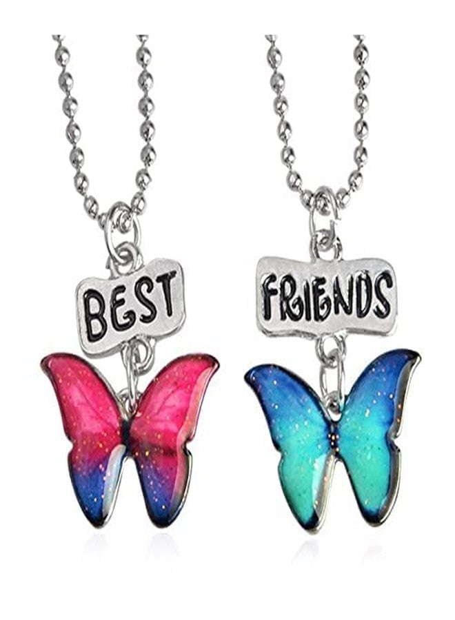 Aysekone 2 Pcs/Set Best Friend Enamel Butterfly Necklace Silver Tone Rhinestone for Girls(Blue & Red)