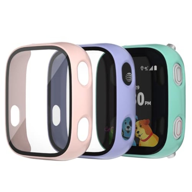 Compatible with ATandT Amigo Jr Watch 2 Screen Protector, 3 Pack Bumper Case with Scratch-Resistant Tempered Glass Cover, Smartwatch Accessories Teal+Purple+Pink - Image 1