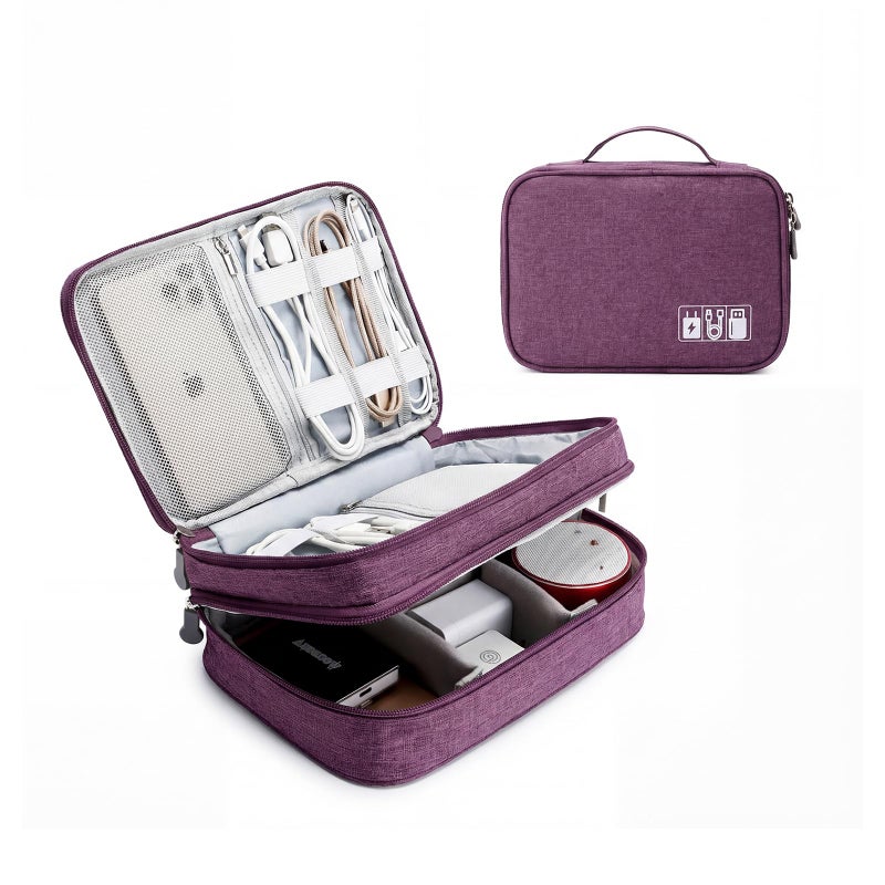 Lanola Travel Cable Organizer Bag, Electronic Accessories Case Portable Double Layer Cable Storage Bag for Cord,phone,Charger, Flash Drive, Phone, SD Card,Personal Items - (Purple) - Image 1