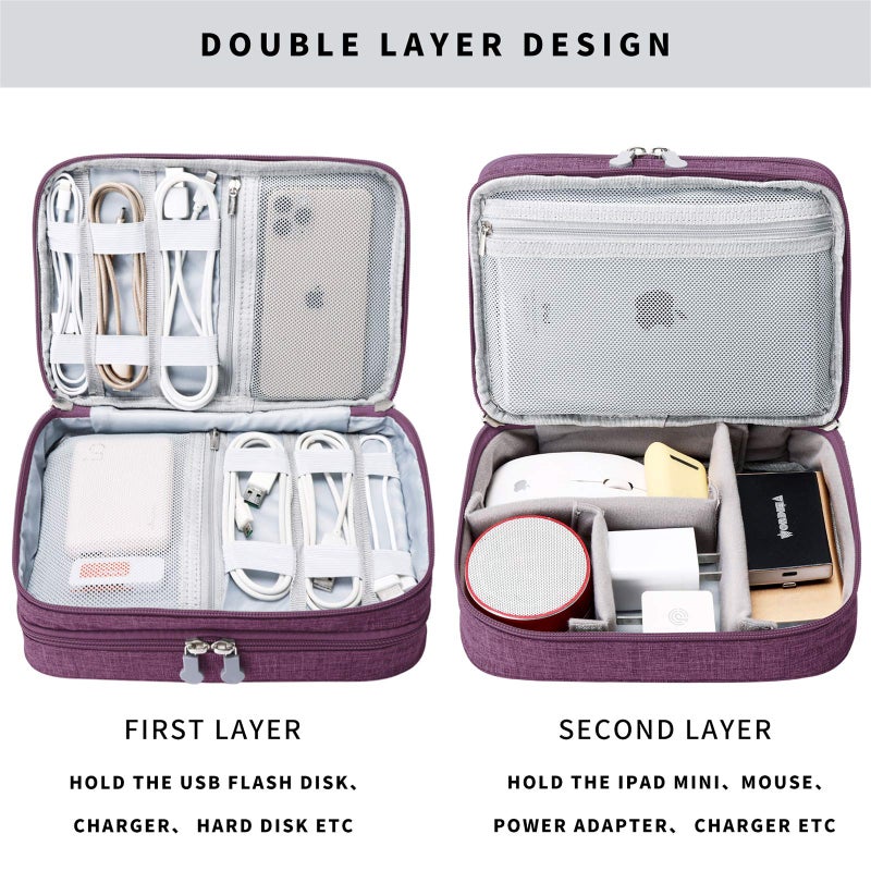 Lanola Travel Cable Organizer Bag, Electronic Accessories Case Portable Double Layer Cable Storage Bag for Cord,phone,Charger, Flash Drive, Phone, SD Card,Personal Items - (Purple) - Image 3