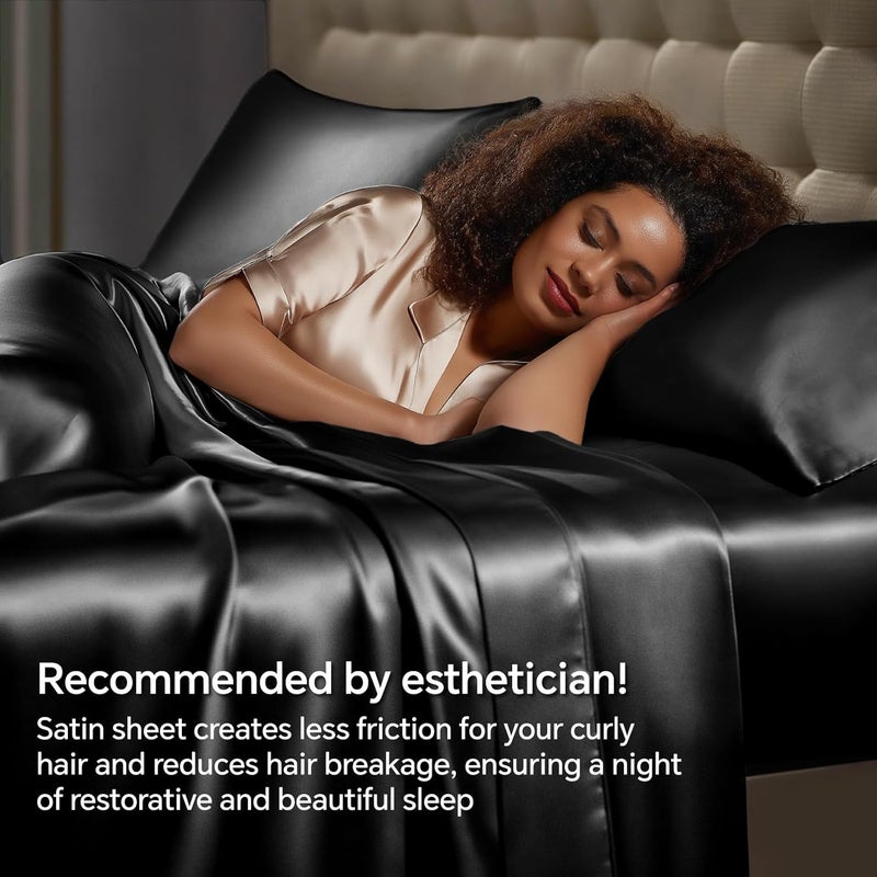 BEDELITE طقم ملاءات ساتان بحجم كوين، ملاءات ناعمة فاخرة باللون الأسود للعناية بالشعر والبشرة، مشابهة لطقم ملاءات الساتان 4 قطع مع 1 ملاءة مريحة بجيب عميق، 1 ملاءة مسطحة، و2 غطاء وسادة - Image 4