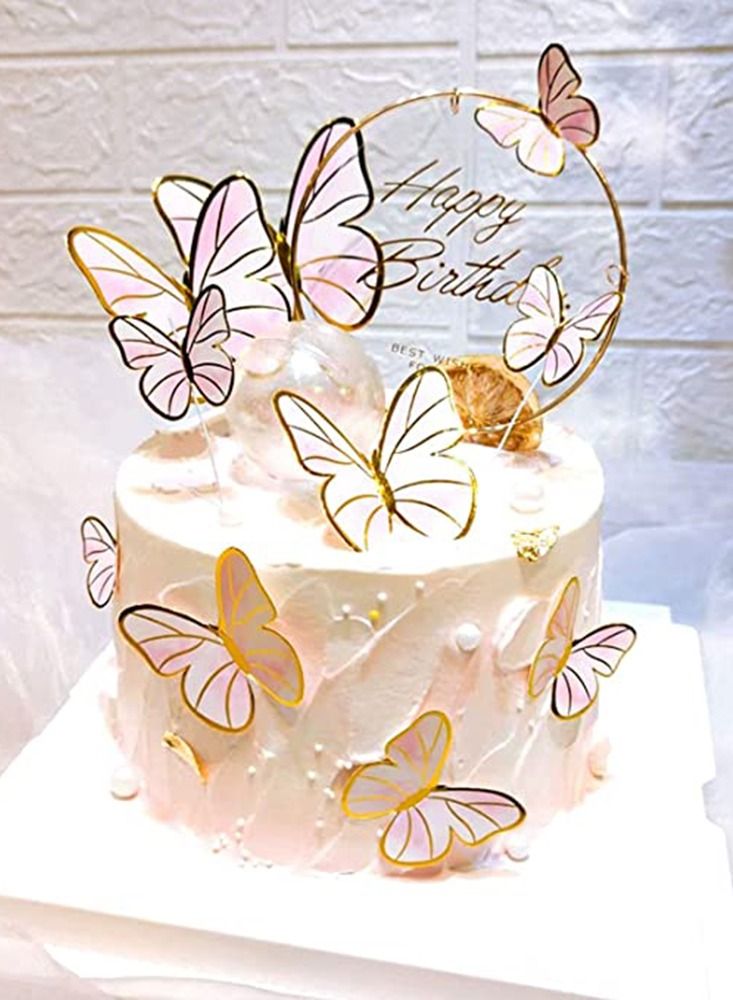 KASTWAVE 11 pieces Pink Gold Butterfly Cake Toppers Happy Birthday Metal Gold Butterfly Decorations Cake Butterfly Party Decorations Decorations Mixed Colour for Wedding Party Baby Shower Wall - Image 4