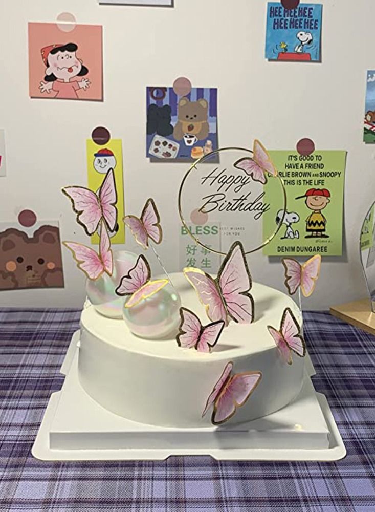 KASTWAVE 11 pieces Pink Gold Butterfly Cake Toppers Happy Birthday Metal Gold Butterfly Decorations Cake Butterfly Party Decorations Decorations Mixed Colour for Wedding Party Baby Shower Wall - Image 2