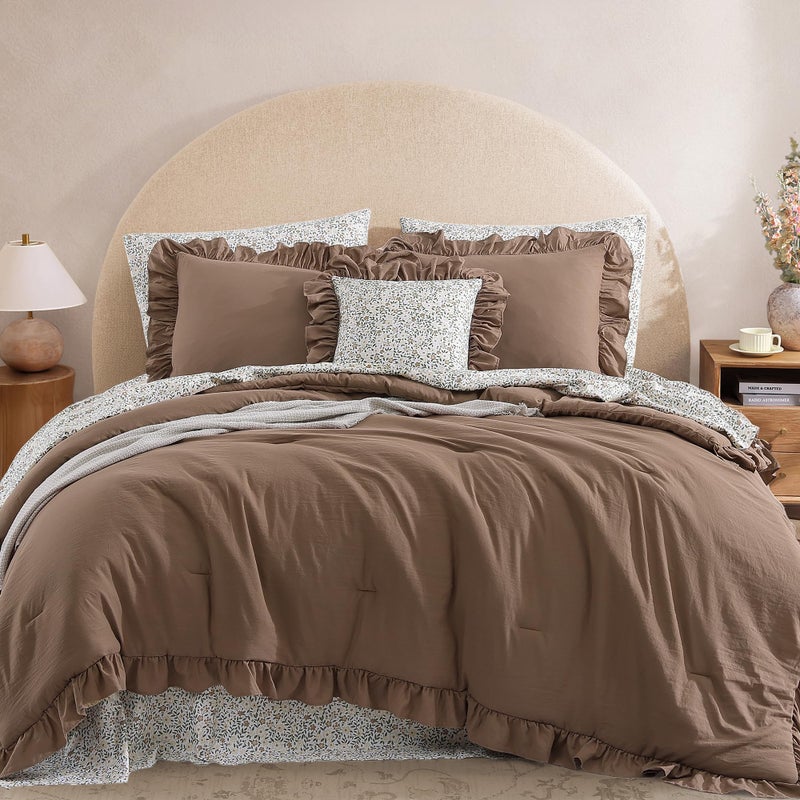 BLOOMHAVEN Queen Comforter Set - 7 Pieces Ruffle Amber Brown Bedding Sets, Shabby Chic Farmhouse Bed in a Bag with Ruffle Comforter, Floral Sheets, Pillowcases & Shams - Image 1