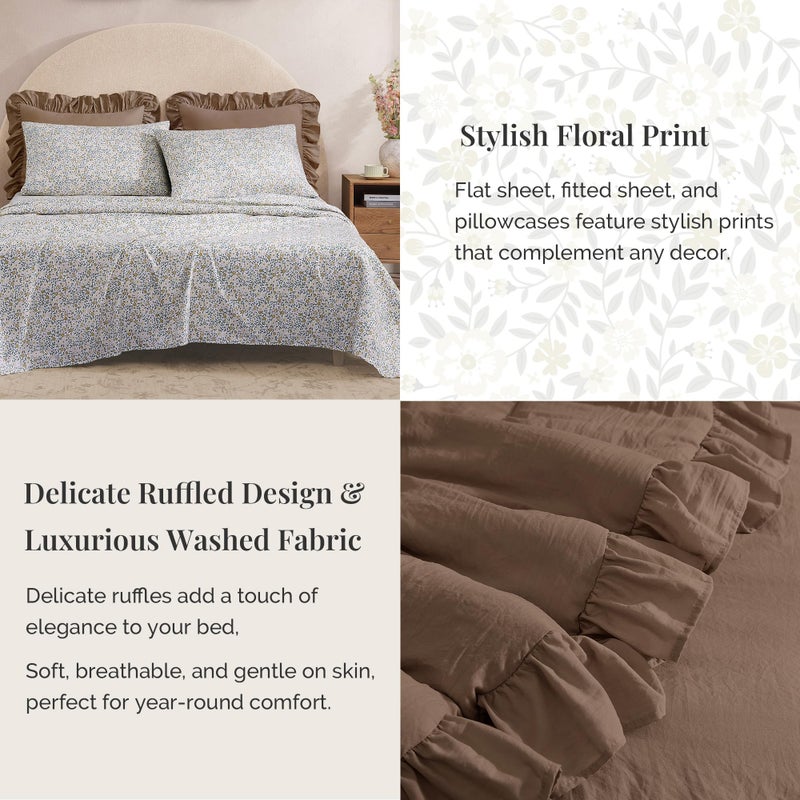 BLOOMHAVEN Queen Comforter Set - 7 Pieces Ruffle Amber Brown Bedding Sets, Shabby Chic Farmhouse Bed in a Bag with Ruffle Comforter, Floral Sheets, Pillowcases & Shams - Image 4