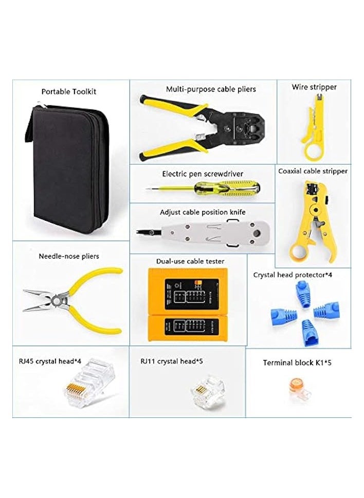 بروماس - مجموعة أدوات تجعيد RJ45 لـ RJ11/RJ12/CAT5/CAT6/Cat5e، مجموعة أدوات إصلاح شبكة اختبار كابل الشبكة المحلية الاحترافية لصيانة الكمبيوتر، مكشكش الأسلاك، قاطع موصل الأسلاك - Image 1